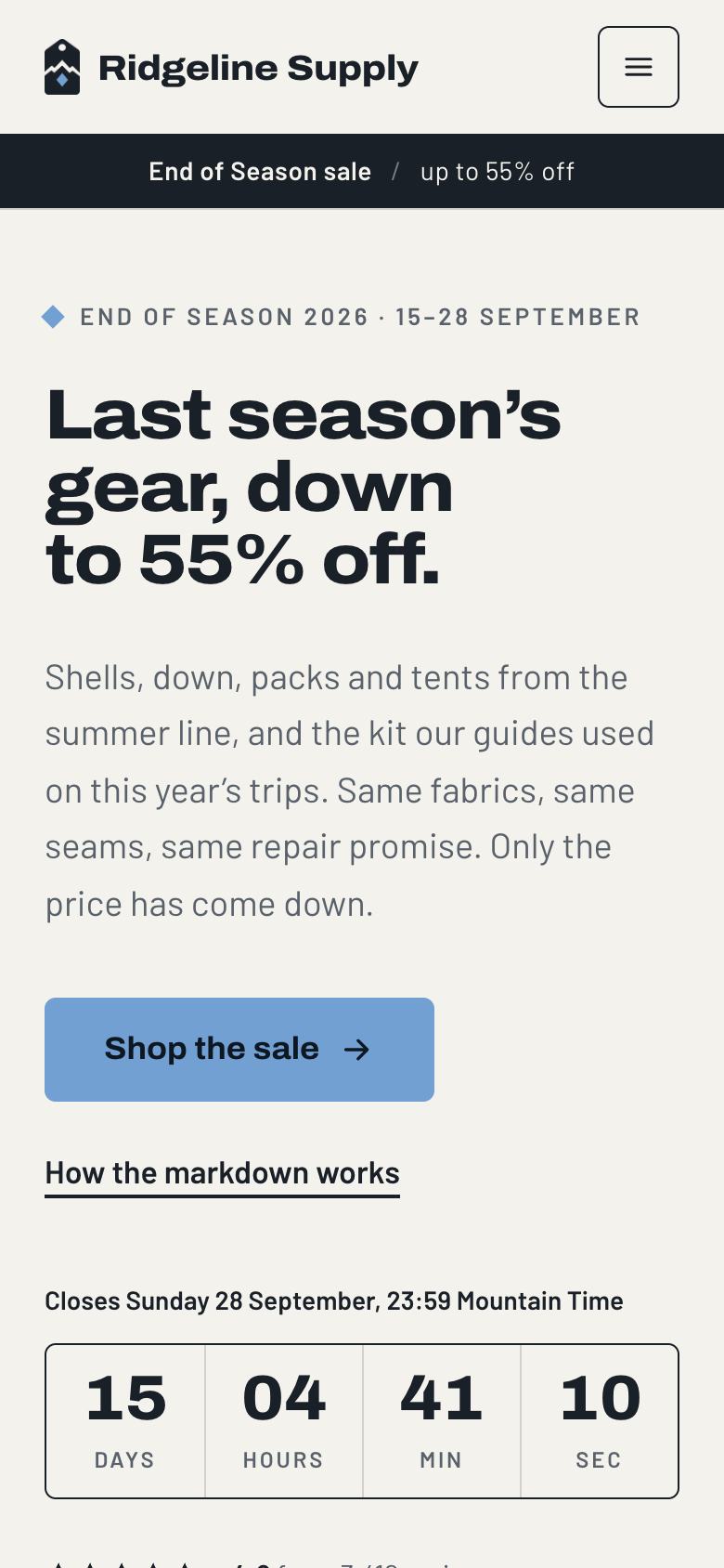 Outdoor Season End landing page template on a phone