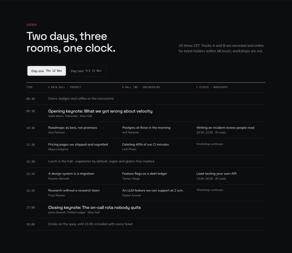 Tech Conference template — Agenda section