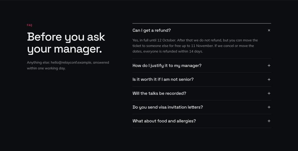 Tech Conference template — Questions section