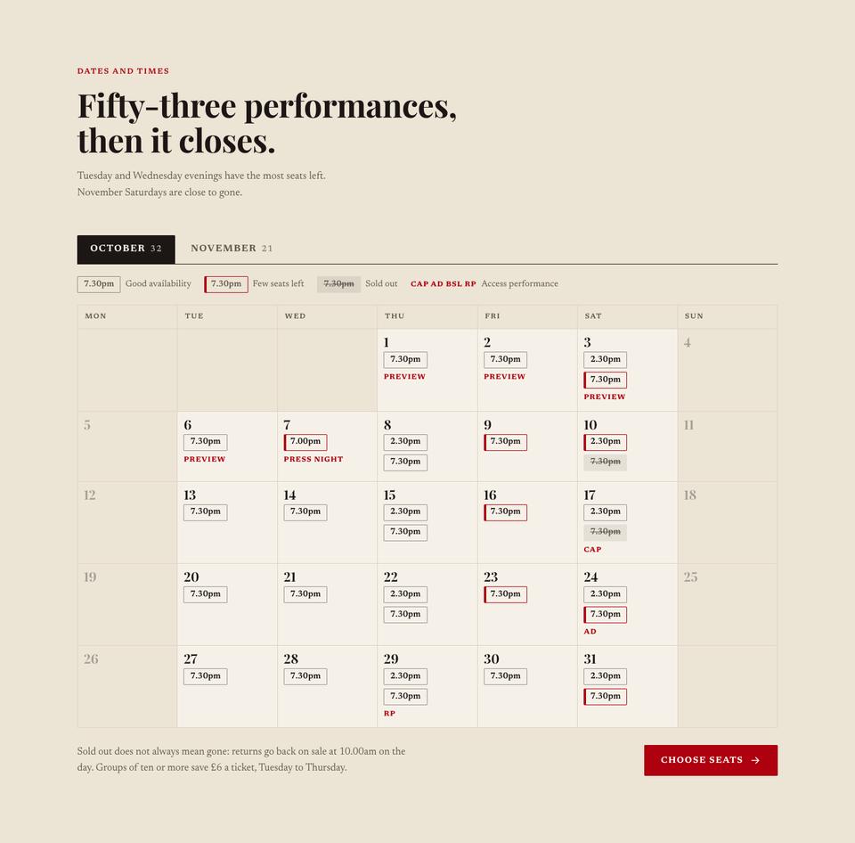 Theatre Show template — Dates and times section