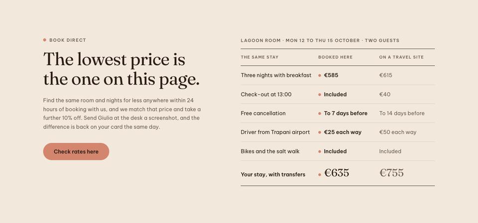 Boutique Resort Direct template — Book direct section