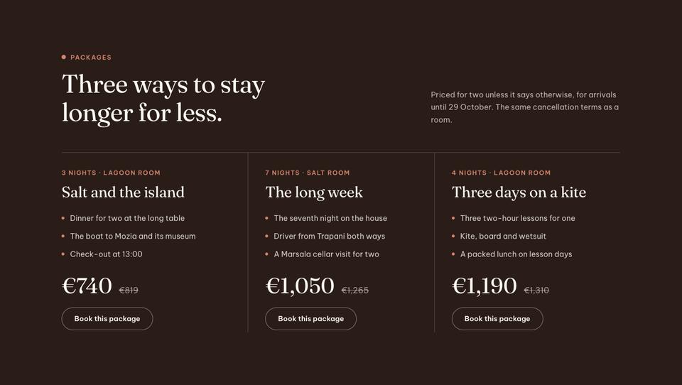Boutique Resort Direct template — Packages section