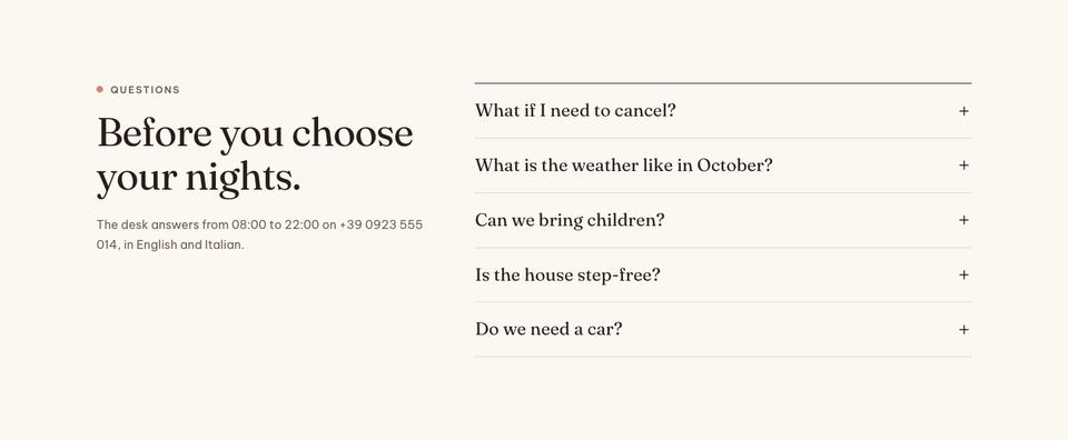 Boutique Resort Direct template — Questions section