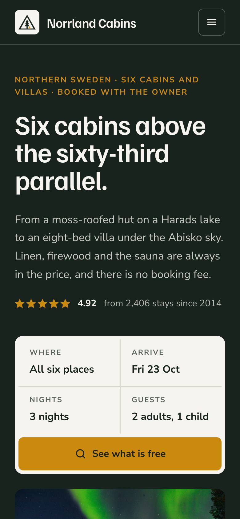 Cabin Rentals Direct landing page template on a phone