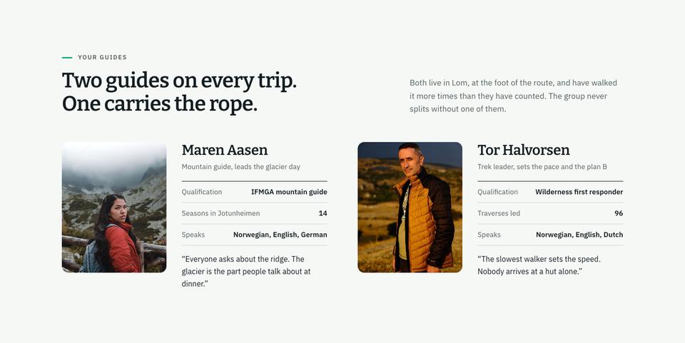 Adventure Trip template — Your guides section
