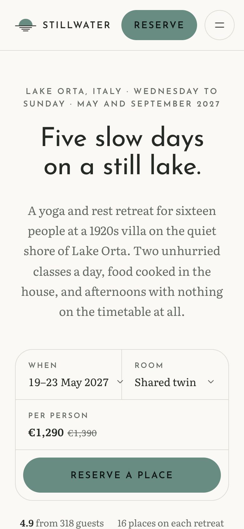 Wellness Retreat landing page template on a phone