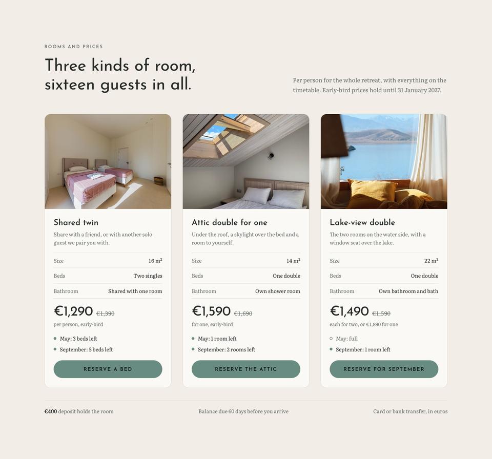Wellness Retreat template — Rooms and prices section