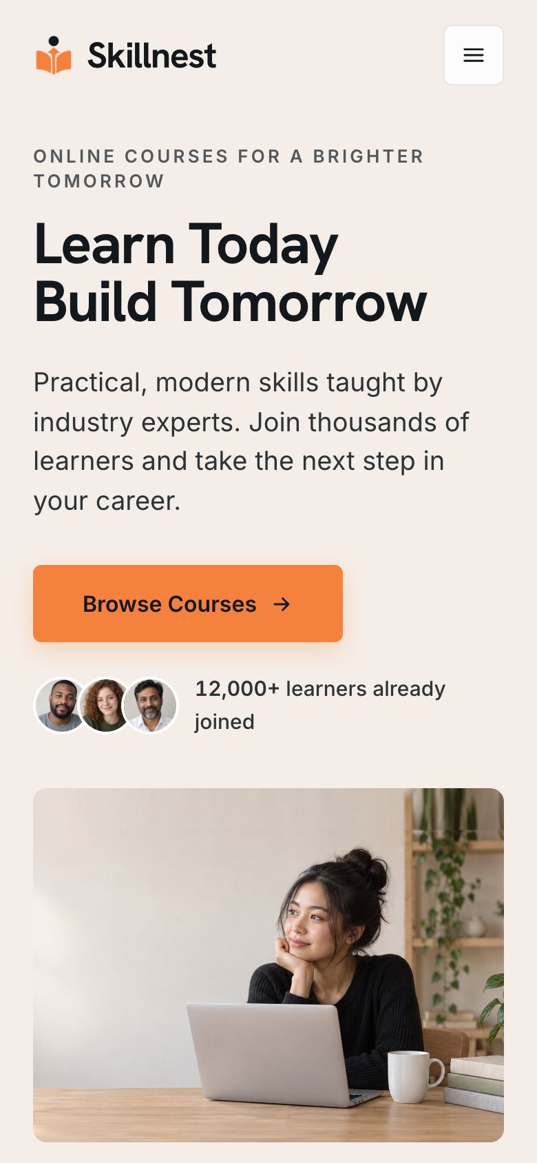 Online Courses Daylight landing page template on a phone