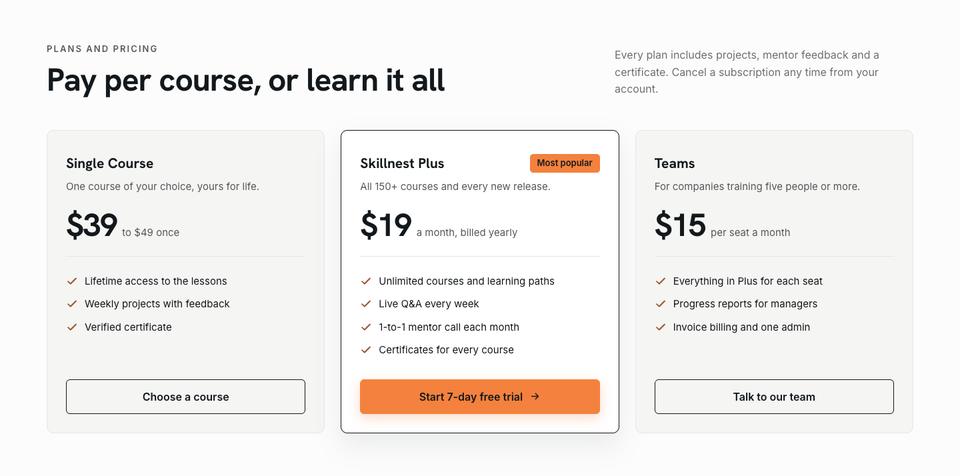 Online Courses Daylight template — Plans and pricing section