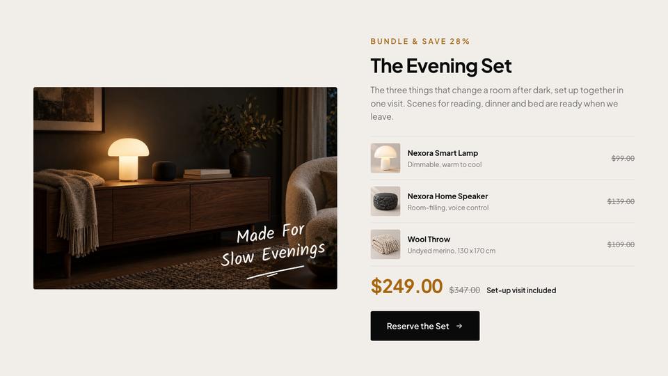 Black Friday Home Sale template — The Evening Set bundle section