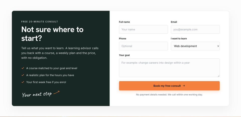 Online Courses Daylight template — Free consult section
