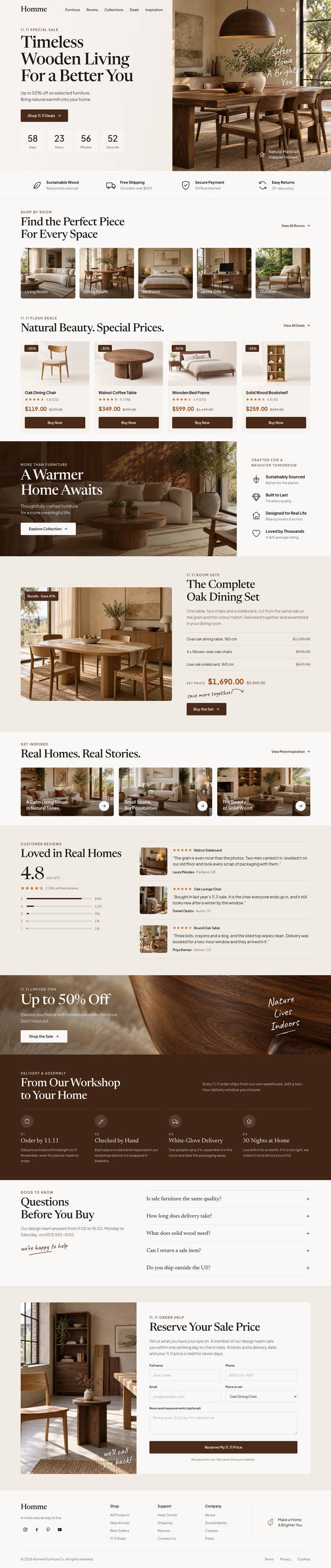 Wooden Furniture Sale template, the whole page on desktop
