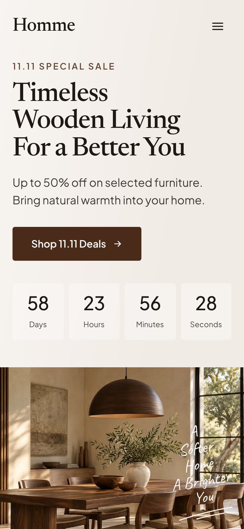 Wooden Furniture Sale landing page template on a phone