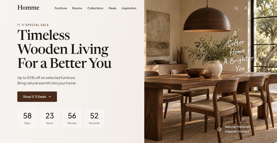 Wooden Furniture Sale template — Hero section