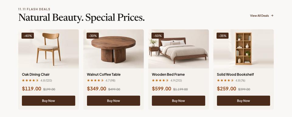 Wooden Furniture Sale template — Flash deals section