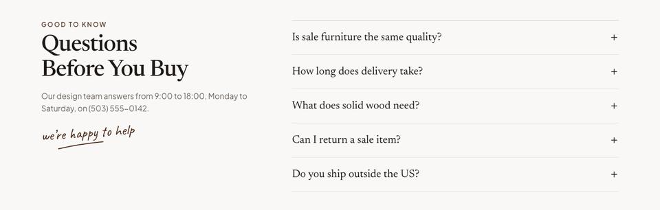 Wooden Furniture Sale template — Questions section