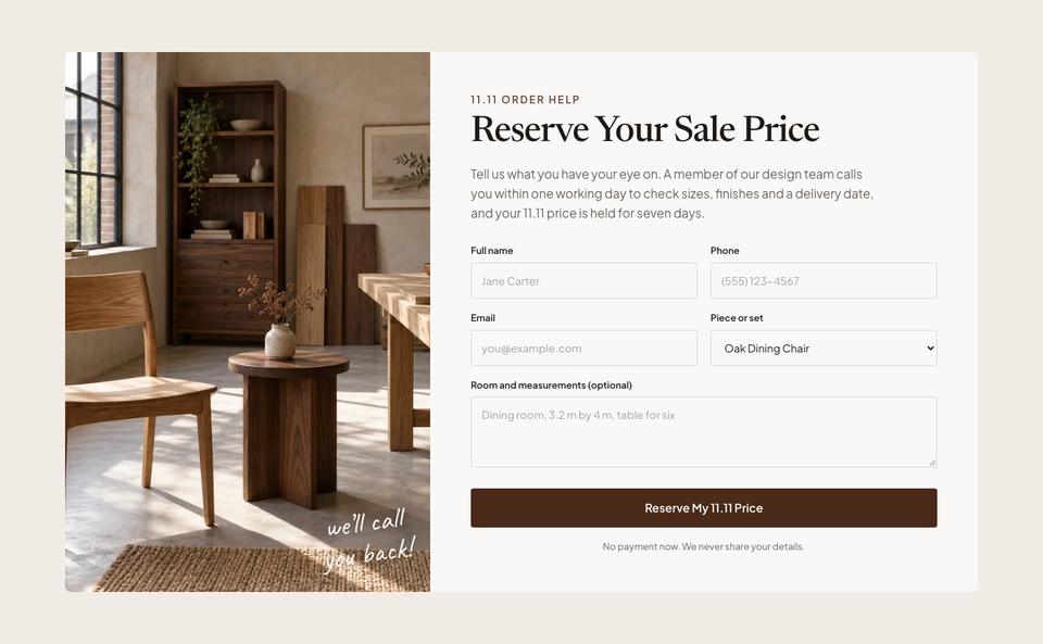 Wooden Furniture Sale template — Reserve form section