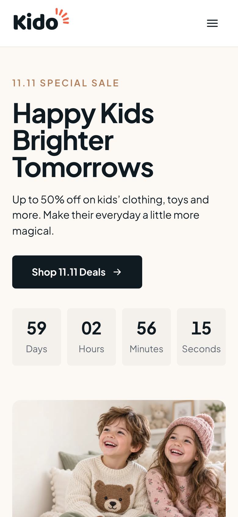 Kids 11.11 Sale landing page template on a phone