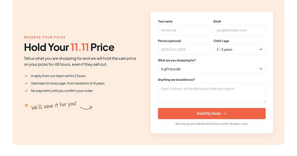 Kids 11.11 Sale template — Hold form section