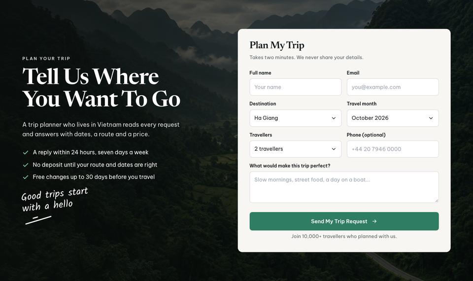 Vietnam Journeys template — Enquiry form section