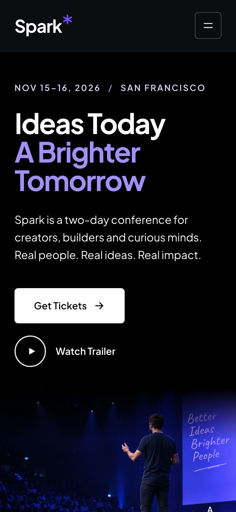 Creator Conference landing page template on a phone