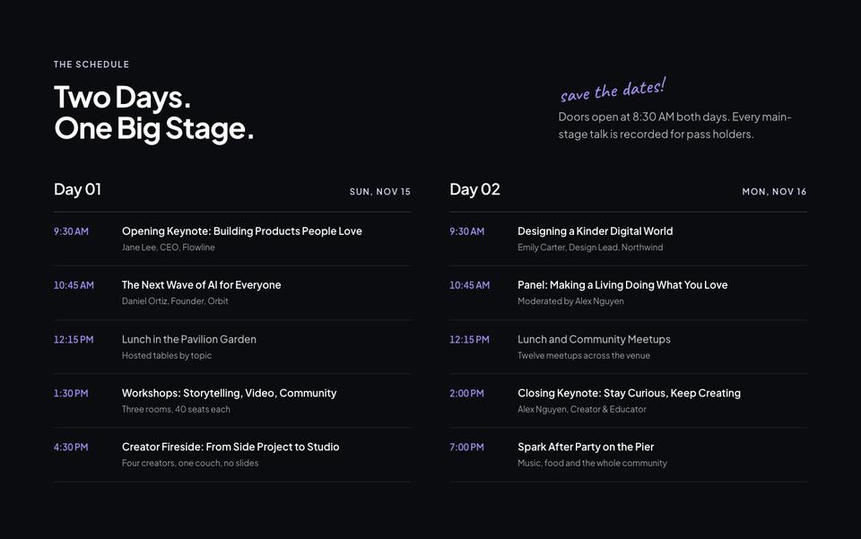 Creator Conference template — Schedule section