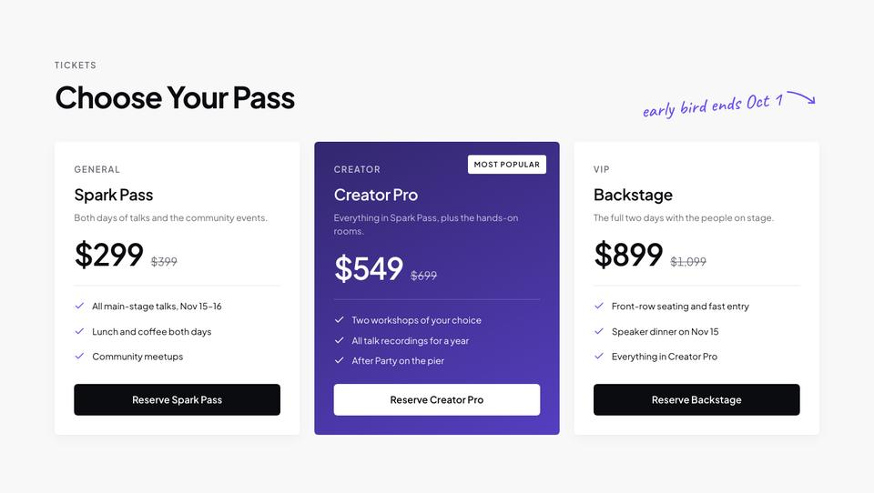 Creator Conference template — Passes section