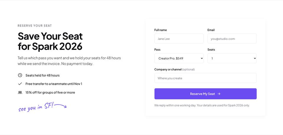 Creator Conference template — Reserve form section