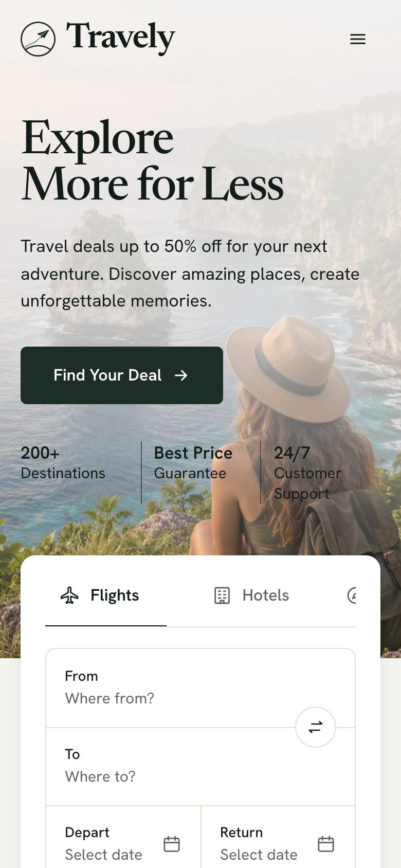 Travel Deals Search landing page template on a phone
