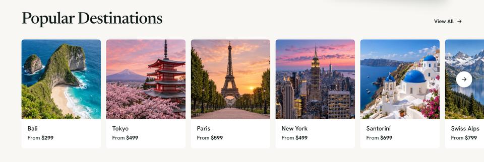 Travel Deals Search template — Destinations section