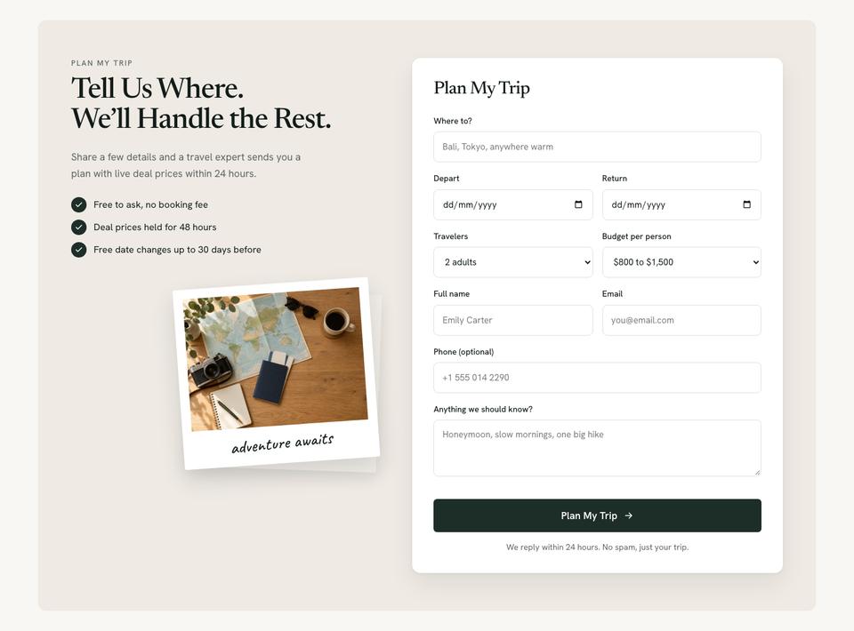 Travel Deals Search template — Enquiry form section