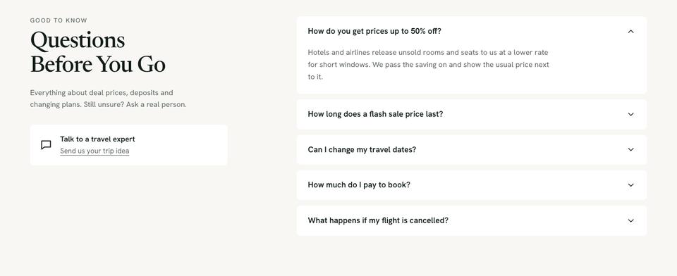 Travel Deals Search template — Questions section