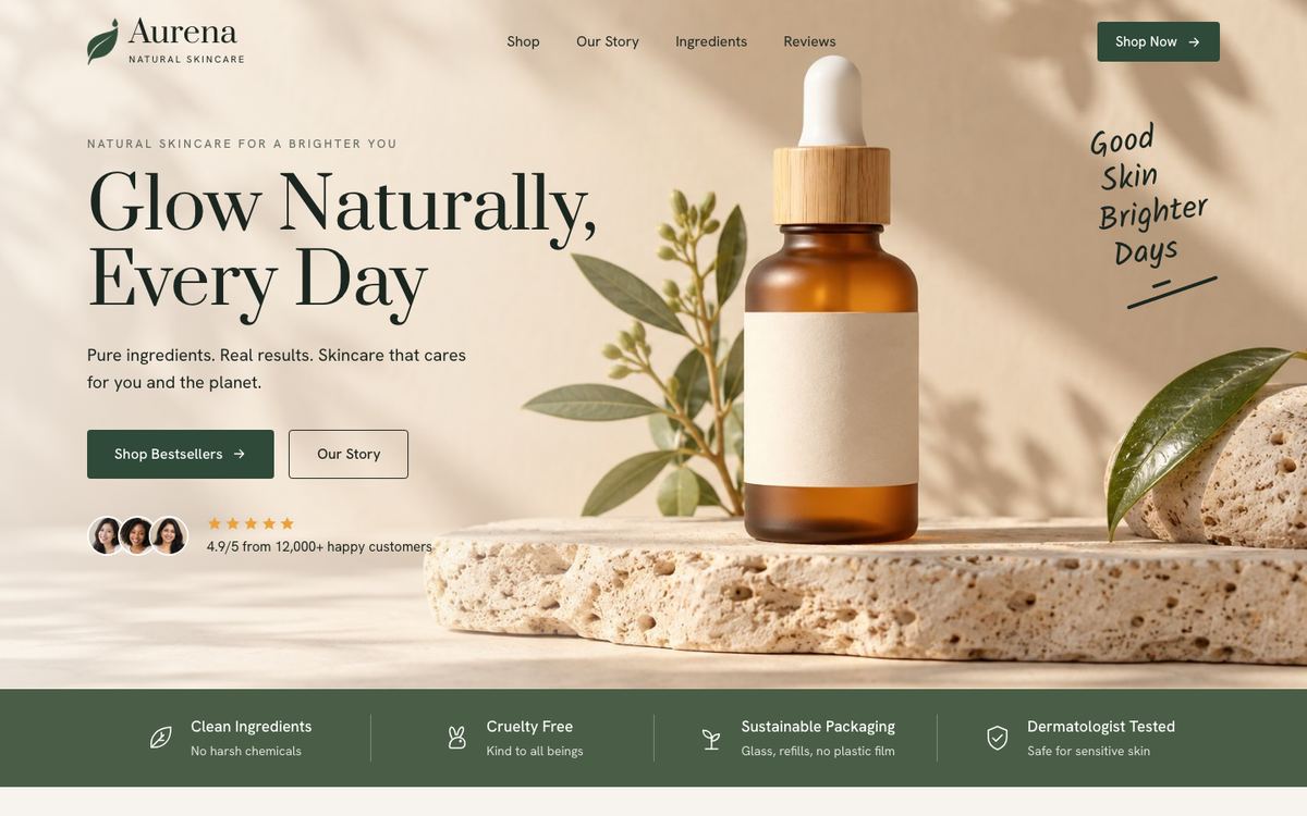 Natural Skincare landing page template, desktop