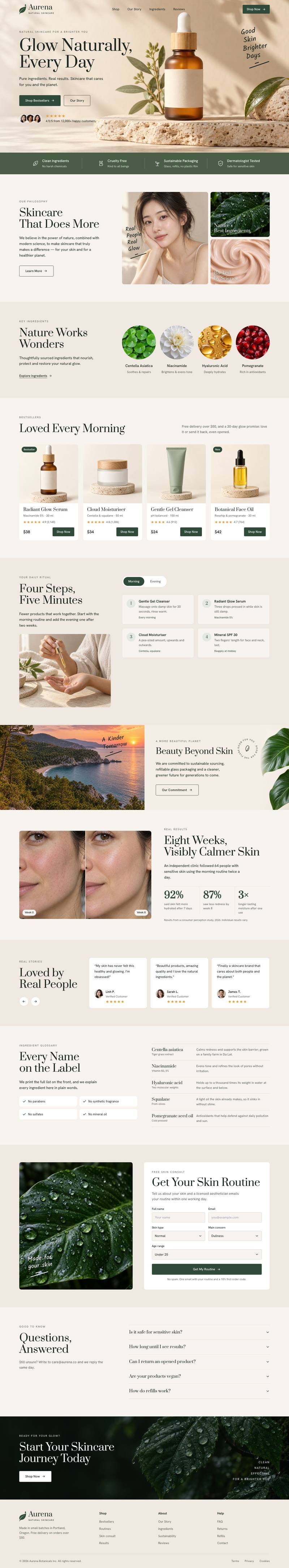 Natural Skincare template, the whole page on desktop