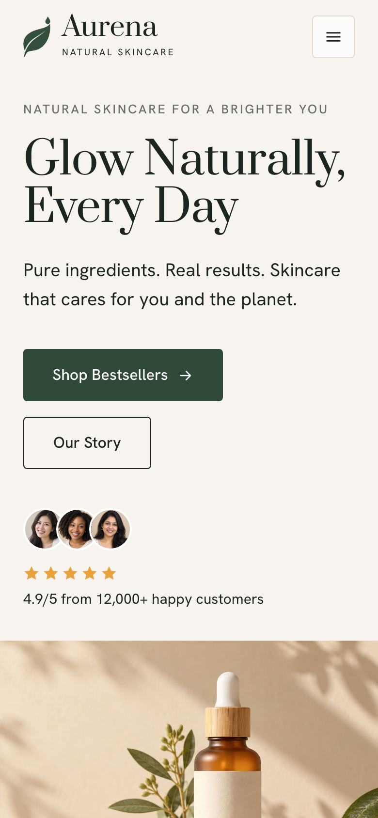 Natural Skincare landing page template on a phone