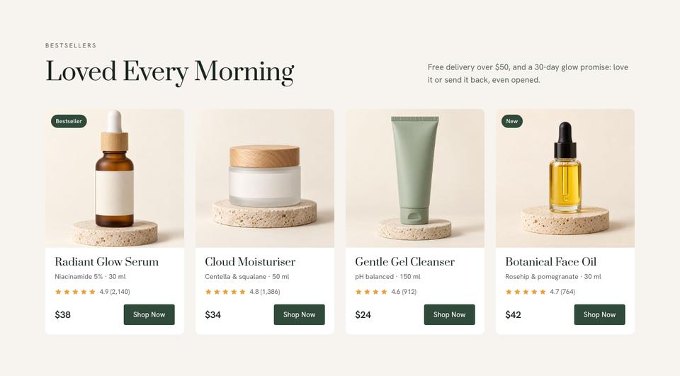 Natural Skincare template — Bestsellers section