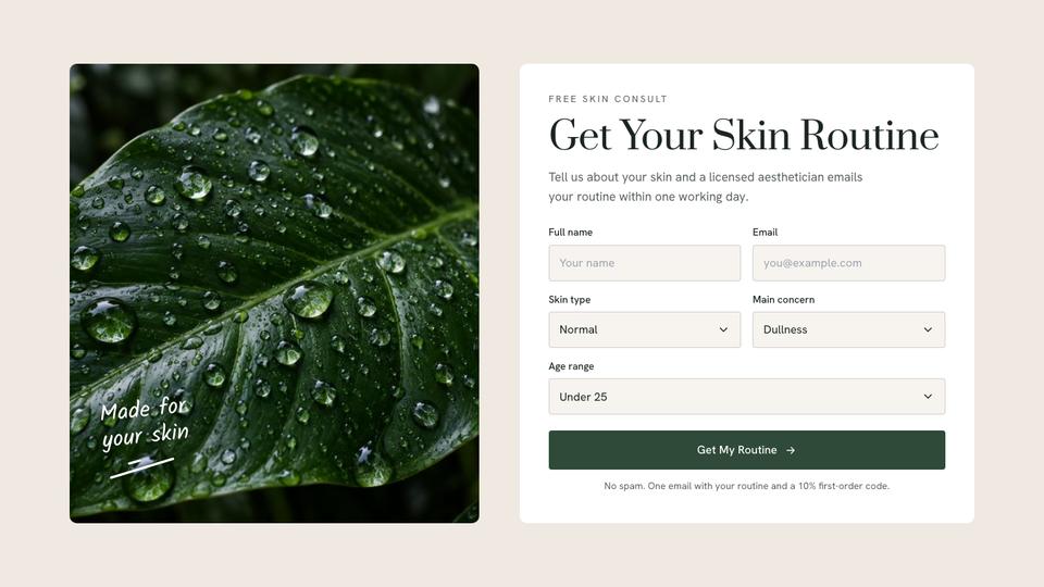 Natural Skincare template — Consult form section