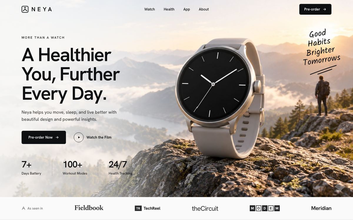 Smartwatch Launch landing page template, desktop