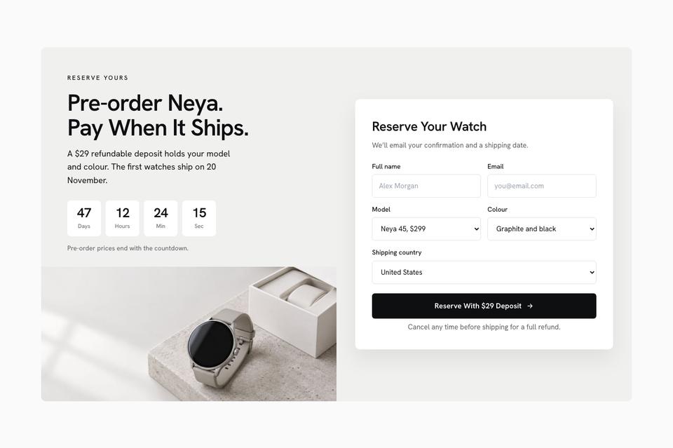Smartwatch Launch template — Pre-order form section