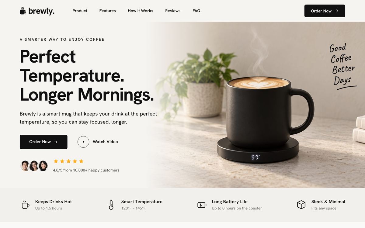 Smart Mug DTC landing page template, desktop