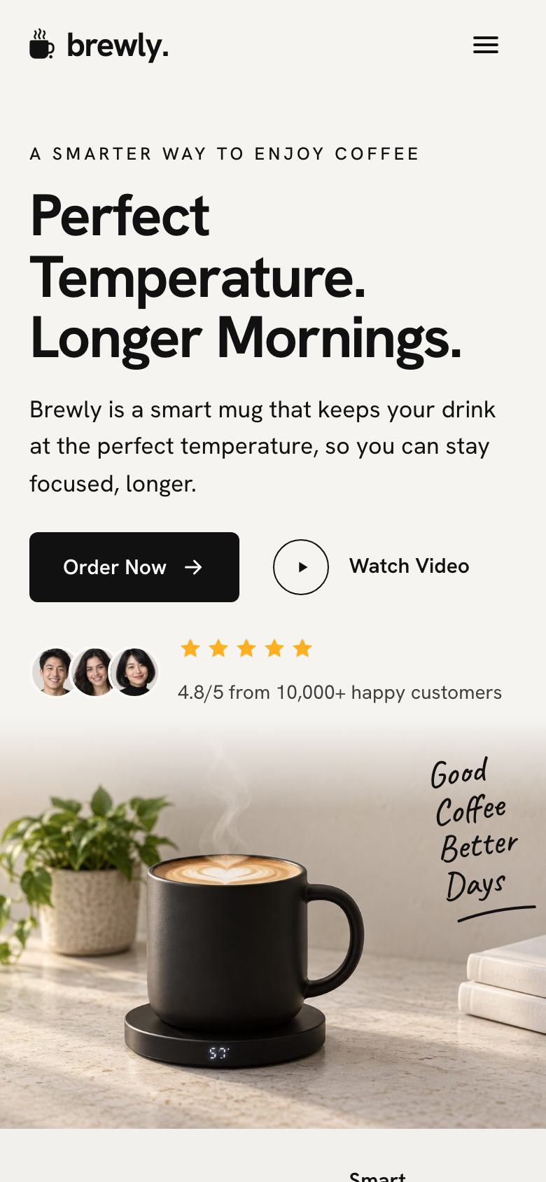 Smart Mug DTC landing page template on a phone