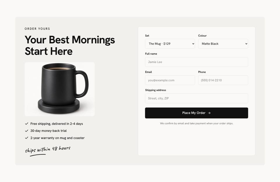 Smart Mug DTC template — Order form section
