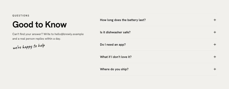 Smart Mug DTC template — Questions section