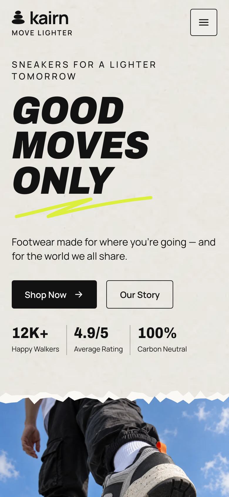 Sustainable Sneakers landing page template on a phone