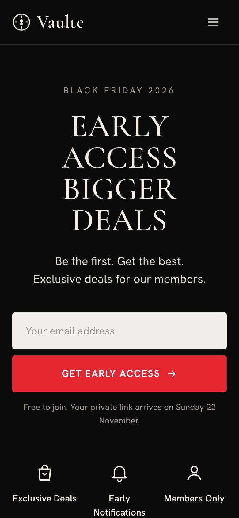 Black Friday Early Access landing page template on a phone