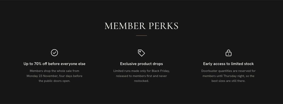 Black Friday Early Access template — Member perks section