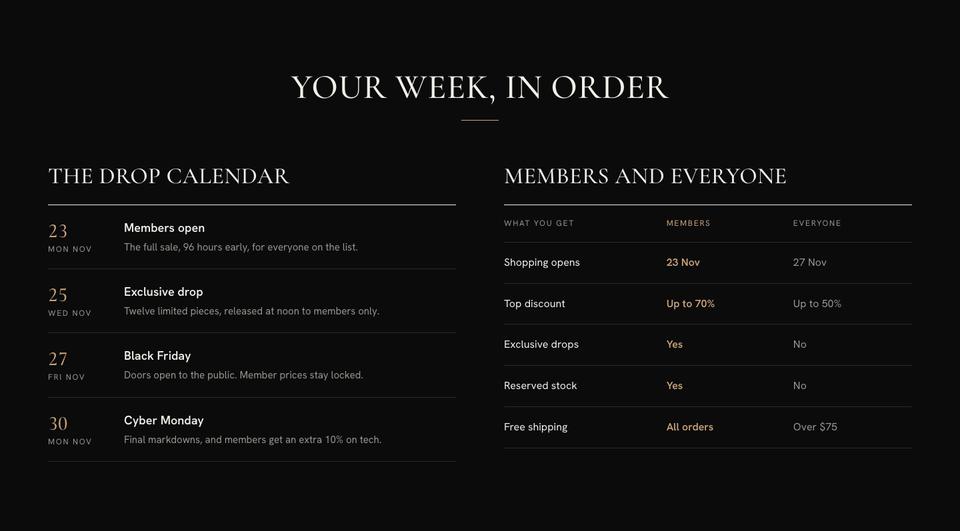 Black Friday Early Access template — Drop calendar section