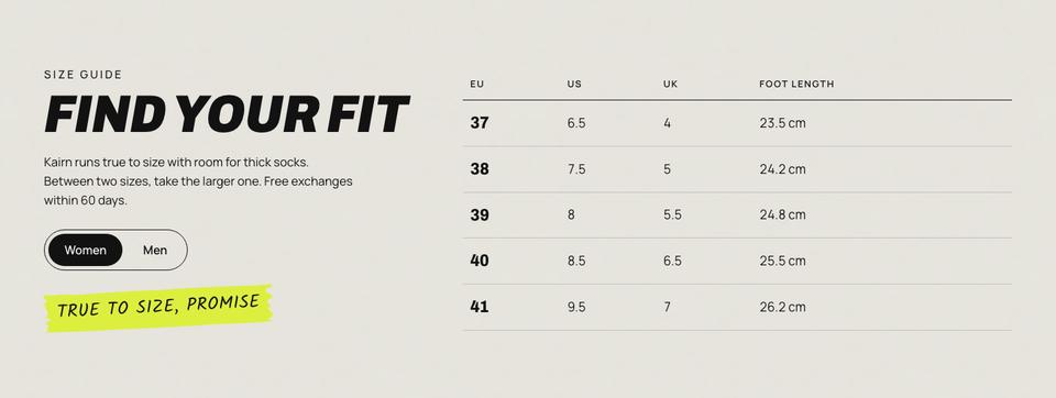 Sustainable Sneakers template — Size guide section
