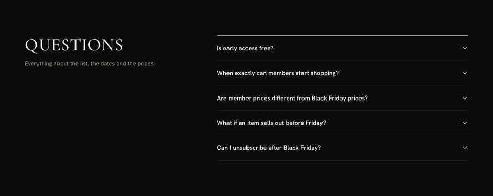 Black Friday Early Access template — Questions section
