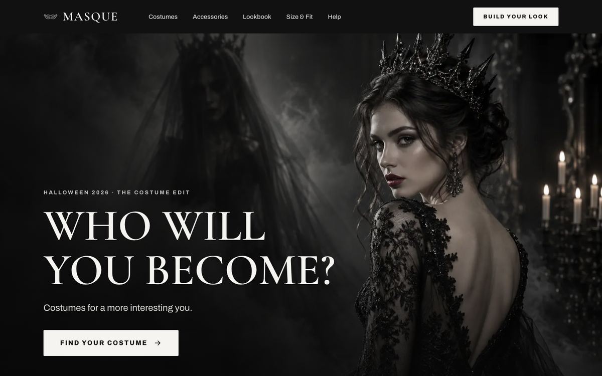 Costume Shop Editorial landing page template, desktop